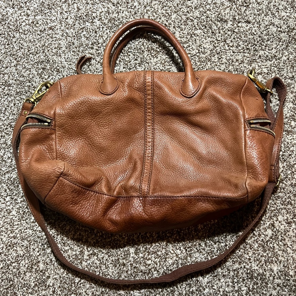 Fossil Camel Brown Soft Leather Purse Duffel Handle Shoulder Bag Gold Zipper